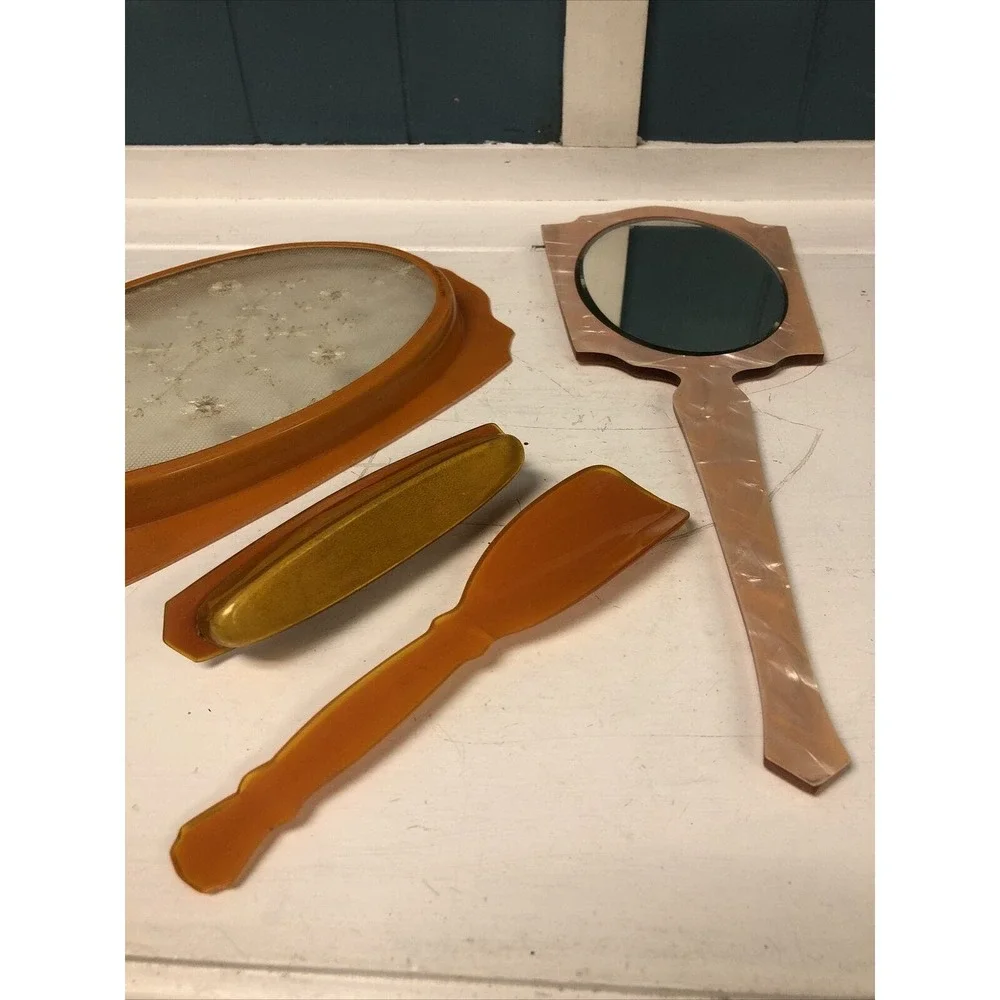 Vtg 4pc Vanity Set Beveled Pearlized Embossed Amber Dresser Tray Mirror Shoehorn